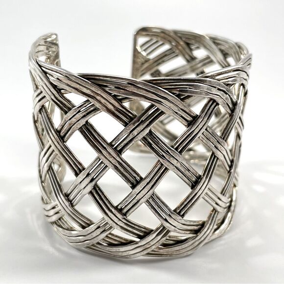 Beautiful Vintage Unsigned Alpaca Silver Basket Weave Wide Cuff Bracelet - Picture 1 of 11